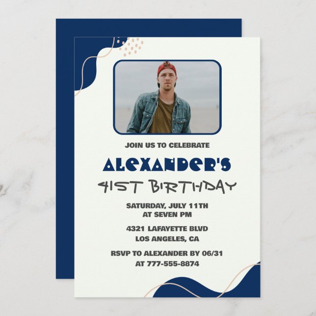 41st birthday invitations Men Navy Simple Photo (Front/Back)