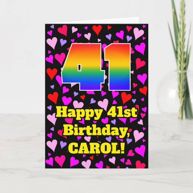 41st Birthday: Loving Hearts Pattern, Rainbow # 41 Card (Front)