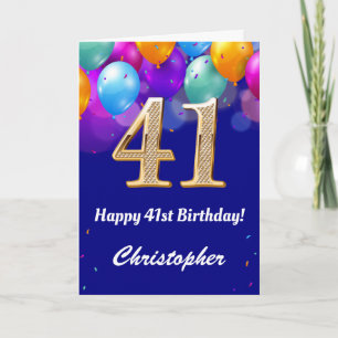 41st Birthday Navy Blue and Gold Colorful Balloons Card
