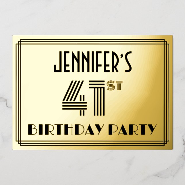 41st Birthday Party — Art Deco Style “41” & Name Foil Invitation (Front)