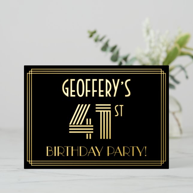 41st Birthday Party — Art Deco Style “41” + Name Foil Invitation (Standing Front)