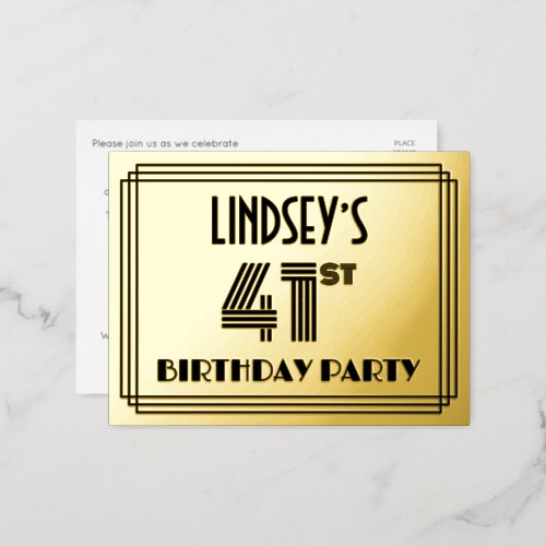 41st Birthday Party  Art Deco Style 41  Name Foil Invitation Postcard