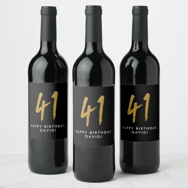 41st birthday party black gold favor wine label (Bottles)
