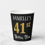 [ Thumbnail: 41st Birthday Party — Fancy Script, Faux Gold Look Paper Cups ]