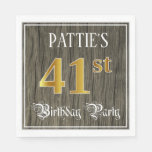 [ Thumbnail: 41st Birthday Party — Faux Gold & Faux Wood Looks Napkins ]