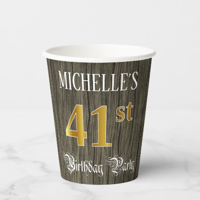 41st Birthday Party — Faux Gold & Faux Wood Looks Paper Cups (Front)