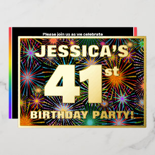 41st Birthday Party — Fun, Colorful Fireworks Look Foil Invitation