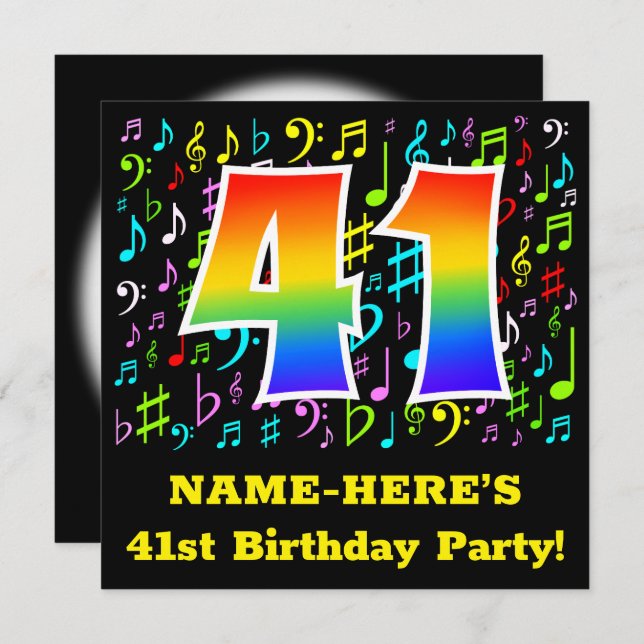 41st Birthday Party: Fun Music Symbols, Rainbow 41 Invitation (Front/Back)