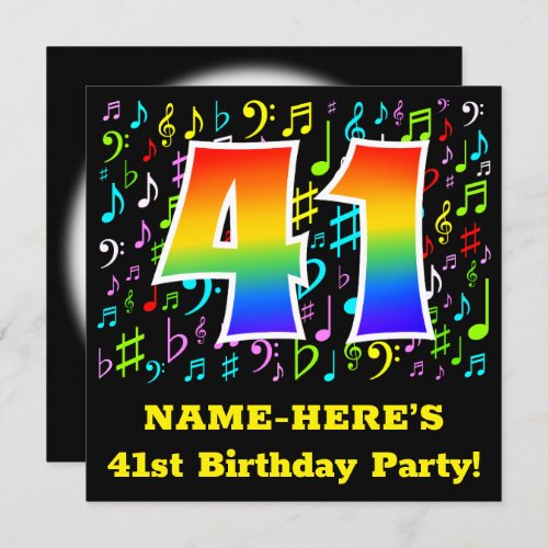 41st Birthday Party Fun Music Symbols Rainbow 41 Invitation