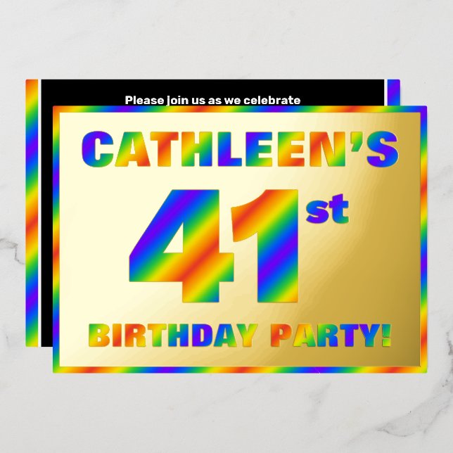 41st Birthday Party — Fun, Rainbow Spectrum “41” Foil Invitation (Front/Back)
