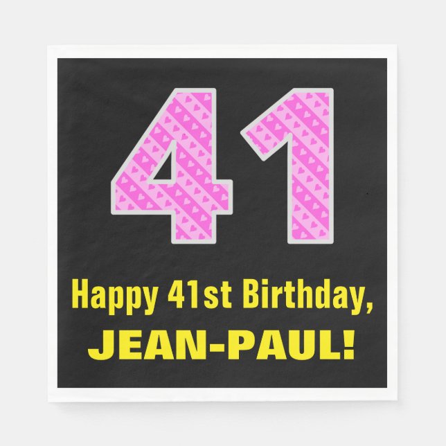 41st Birthday: Pink Stripes and Hearts "41" + Name Napkins (Front)