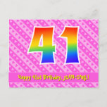 [ Thumbnail: 41st Birthday: Pink Stripes & Hearts, Rainbow 41 Postcard ]