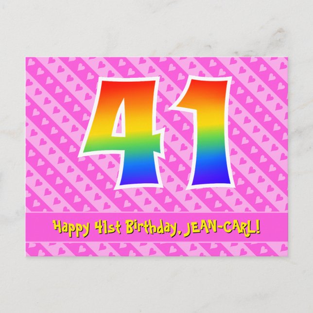 41st Birthday: Pink Stripes & Hearts, Rainbow 41 Postcard (Front)