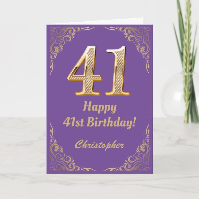 41st Birthday Purple and Gold Glitter Frame Card (Front)