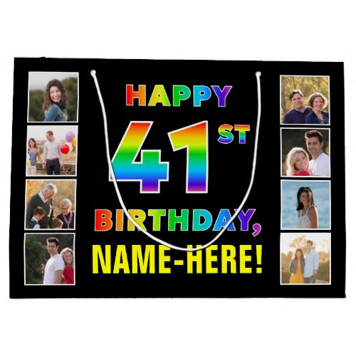 41st Birthday Rainbow Text Custom Photos  Name Large Gift Bag