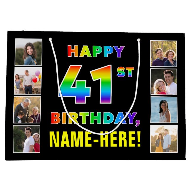 41st Birthday: Rainbow Text, Custom Photos & Name Large Gift Bag (Back)