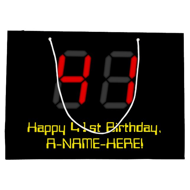 41st Birthday: Red Digital Clock Style "41" + Name Large Gift Bag (Back)