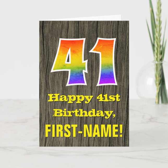 41st Birthday: Rustic Faux Wood Look, Rainbow "41" Card (Front)