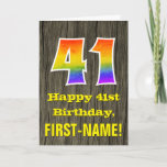 [ Thumbnail: 41st Birthday: Rustic Faux Wood Look, Rainbow "41" Card ]