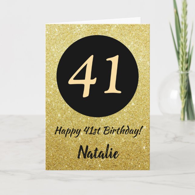 41st Happy Birthday Black and Gold Glitter Card (Front)