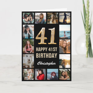 41st Happy Birthday Black and Gold Photo Collage Card