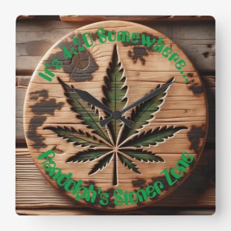 '420' Green Cannabis Weed Leaf on Distressed Wood Square Wall Clock