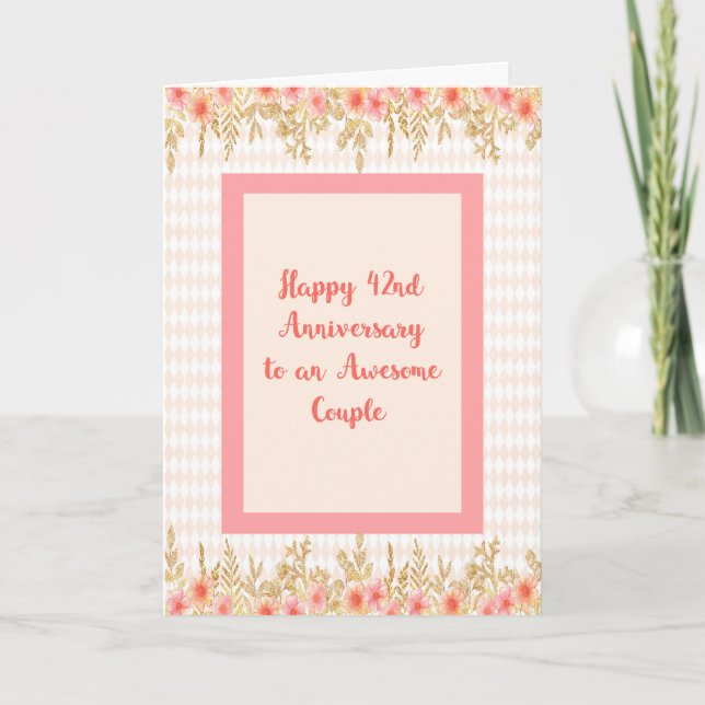 42nd Anniversary Card in Peach with Floral Borders (Front)