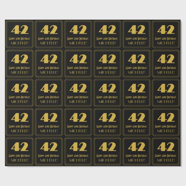 42nd Birthday – Art Deco Inspired Look "42" & Name Wrapping Paper (Flat)