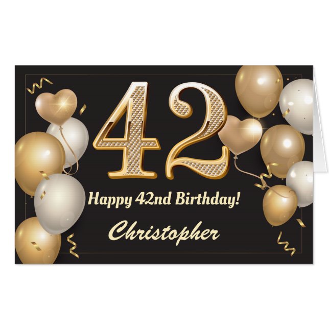 42nd Birthday Black and Gold Balloons Extra Large Card (Front Horizontal)
