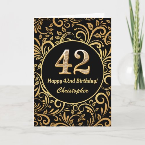 42nd Birthday Black and Gold Floral Pattern Card