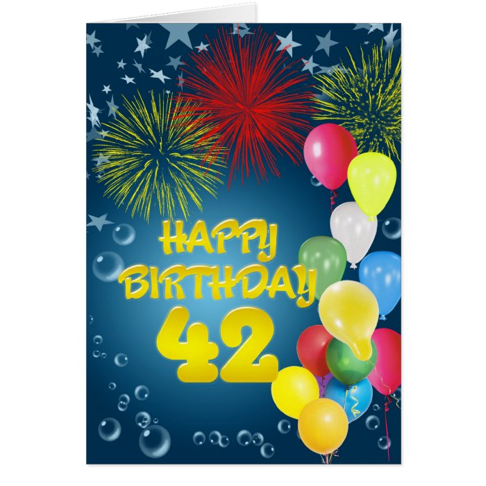 42nd Birthday card with fireworks and balloons