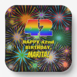[ Thumbnail: 42nd Birthday: Colorful, Fun Celebratory Fireworks Paper Plates ]