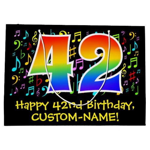 42nd Birthday _ Colorful Music Symbols Rainbow 42 Large Gift Bag