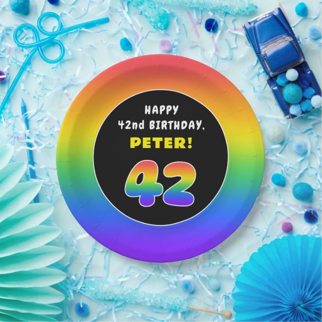 42nd Birthday: Colorful Rainbow # 42, Custom Name Paper Plates (Party)