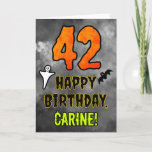 42nd Birthday: Eerie Halloween Theme   Custom Name Card<br><div class="desc">The front of this scary and spooky Hallowe’en themed birthday greeting card design features a large number “42”. It also features the message “HAPPY BIRTHDAY, ”, and an editable name. There are also depictions of a ghost and a bat on the front. The inside features a custom birthday greeting message,...</div>