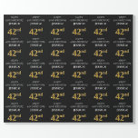 [ Thumbnail: 42nd Birthday: Elegant, Black, Faux Gold Look Wrapping Paper ]