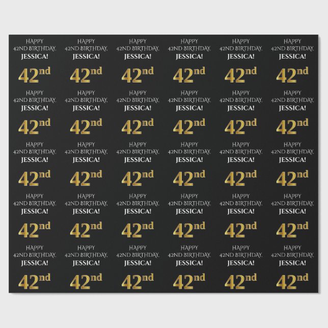 42nd Birthday: Elegant, Black, Faux Gold Look Wrapping Paper (Flat)