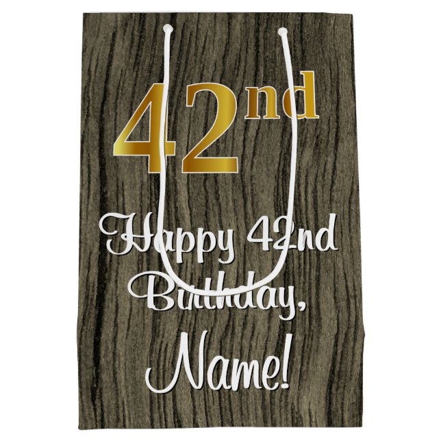 42nd Birthday: Elegant Faux Gold Look #, Faux Wood Medium Gift Bag (Back)