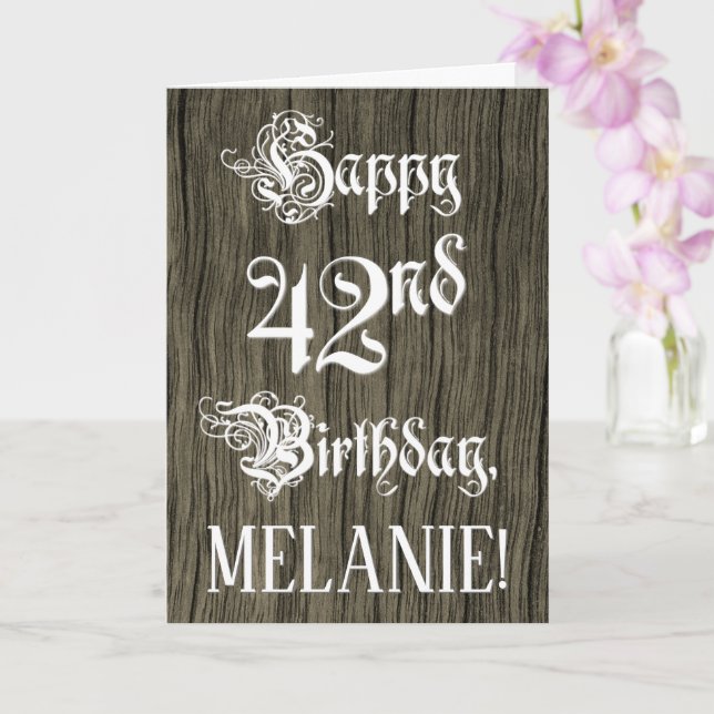 42nd Birthday: Fancy, Elegant Text; Faux Wood Look Card (Orchid)