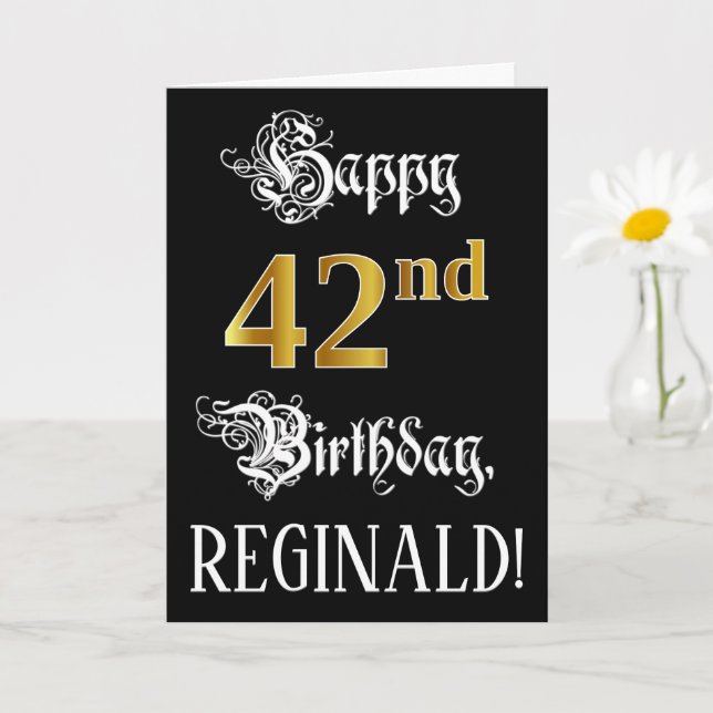 42nd Birthday — Fancy Script; Faux Gold Look; Name Card (Small Plant)
