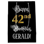 [ Thumbnail: 42nd Birthday ~ Fancy Script; Faux Gold Look; Name Gift Bag ]
