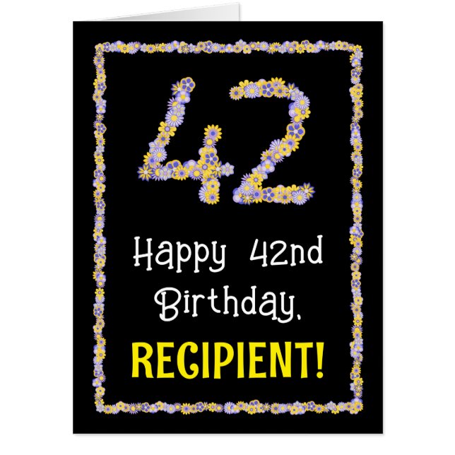 42nd Birthday: Floral Flowers Number “42” + Name Card (Front)