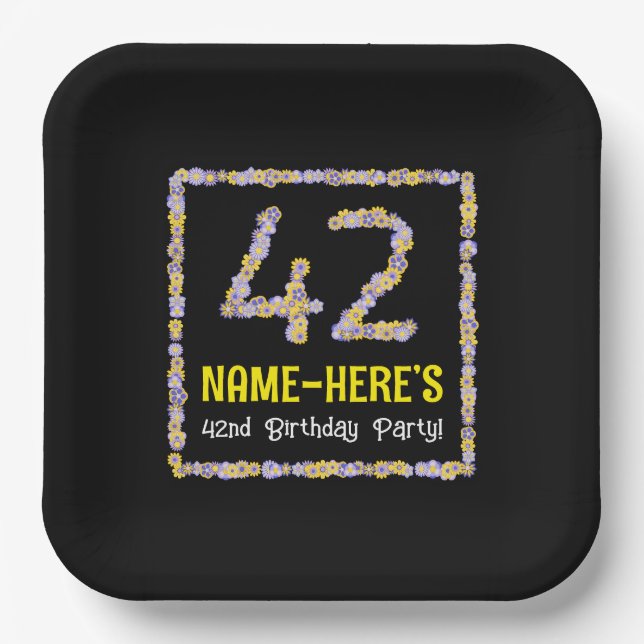 42nd Birthday: Floral Flowers Number, Custom Name Paper Plates (Front)