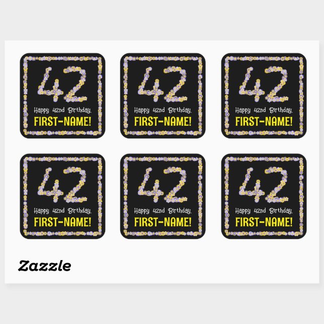 42nd Birthday: Floral Flowers Number, Custom Name Square Sticker (Sheet)