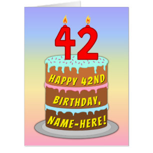 42nd Birthday: Fun Cake & Candles, w/ Custom Name Card