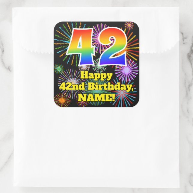 42nd Birthday: Fun Fireworks Look, Rainbow # 42 Square Sticker (Bag)