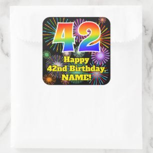 42nd Birthday: Fun Fireworks Look, Rainbow # 42 Square Sticker