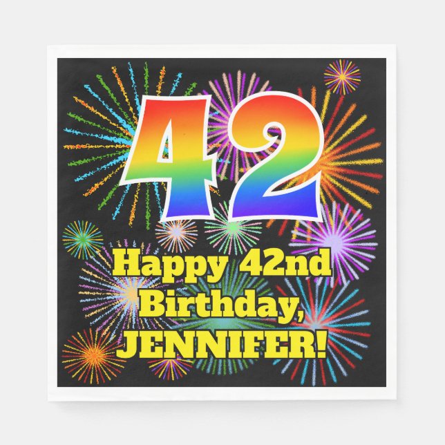 42nd Birthday: Fun Fireworks Pattern + Rainbow 42 Napkins (Front)