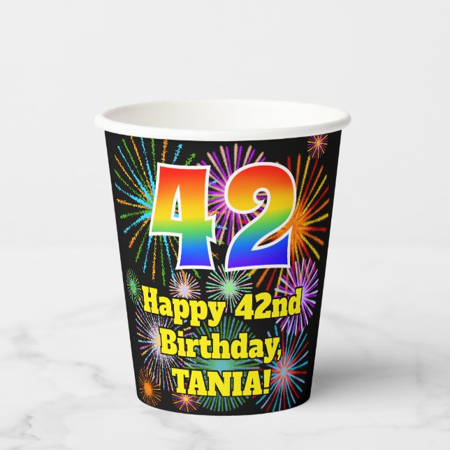 42nd Birthday: Fun Fireworks Pattern + Rainbow 42 Paper Cups (Front)
