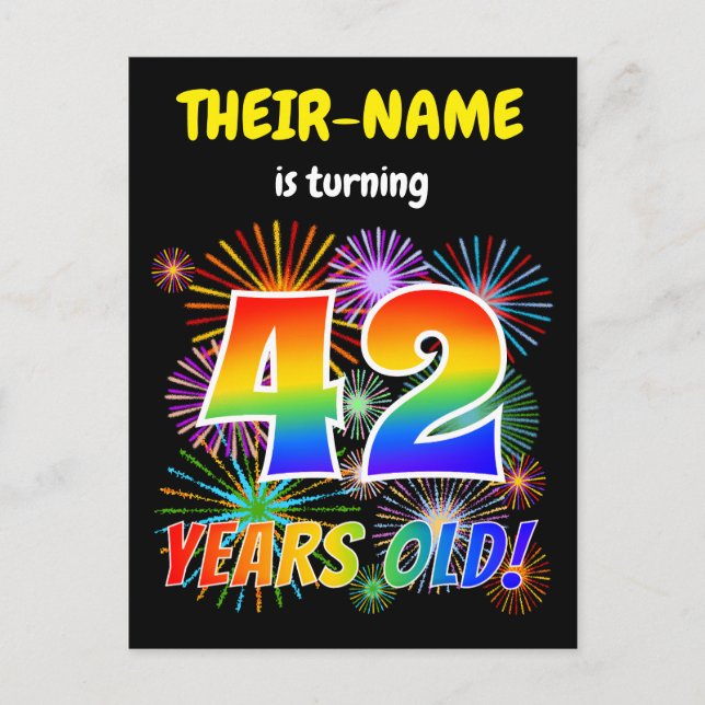 42nd Birthday - Fun Fireworks, Rainbow Look "42" Postcard (Front)